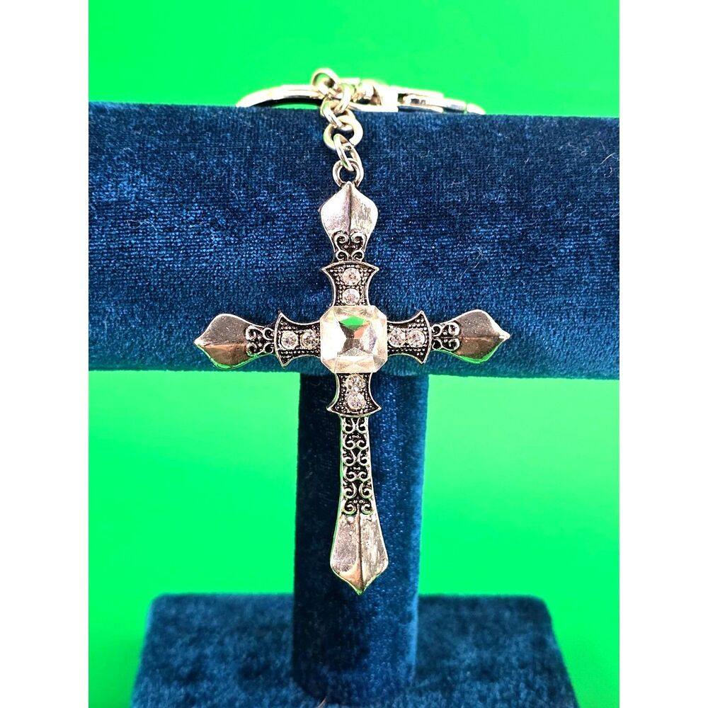 Rhinestone Cross Keychain & Bag Charm 6" Silver Tone Christian Celtic Gothic